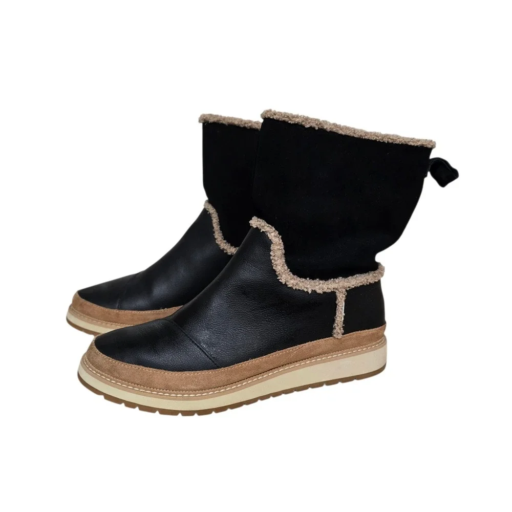 TOMS Alpine Black Leather Suede Faux Shearling Lined Winter Boots Womens 9